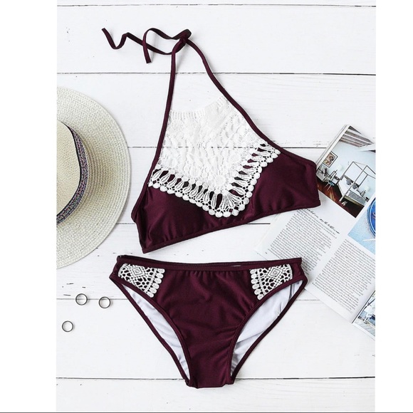 Burgandy Lace Detail Halter Top Bikini - Picture 4 of 8
